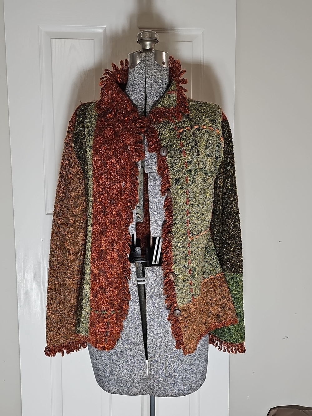 Chico’s EarthyPatchwork Multi Texture Fringe Knit Button Front Cardigan Size S